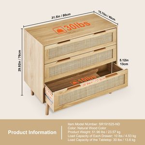Comò Moderno a 3 Cassetti in Rattan, Cassettiera in Legno Naturale, Organizzatore per Vestiti con Stile Boho per Applicazioni in Seminterrato - Product Image 2