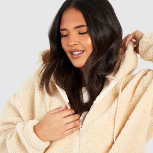 Custom High Quality <b>Women's</b> Long Sleeve Trendy Winter Fuzzy <b>Teddy</b> Coats Full Zipper Sherpa Fleece Hooded <b>Hoodies</b> Sweatshirt - Product Image 5