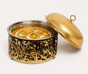 Cacerola de Acero Inoxidable Martillado con Diseño Árabe de Lujo, con Tapa Dorada, Calentador de Alimentos y Olla Aislada para Catering de Bodas - Product Image 4