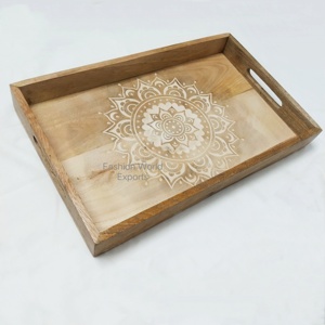 Rangoli Mandala diseño grabado blanco bandeja de servicio de madera multiusos decoración del hogar y bandejas de frutas decorativas al por mayor - Product Image 1