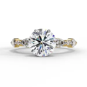 Bague de fiançailles en diamant de laboratoire rond brillant de 2 carats, or massif 18 carats, certifiée IGI, VVS E-F, avec accent marquise vintage - Product Image 1