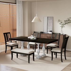 Set Tavolo da Pranzo Tradizionale Allungabile da 78 Pollici con 6 Sedie Imbottite e Panca, con Prolunga Rimovibile da 18 Pollici - Product Image 1