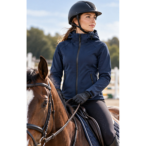 Chaqueta de equitación softshell para mujer, impermeable, con capucha, cierre de cremallera, logotipo personalizado, gorro desmontable, ropa exterior - Product Image 6