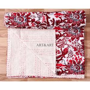 Couvre-lit Kantha indien fait main, 100% coton, imprimé à la main, motif floral, poids du tissu 220g, origine Rajasthan - Product Image 3