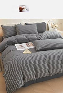Housse de couette rayée noir et blanc simple avec bordure cousue rouge, ensemble de literie pour la maison - Product Image 3
