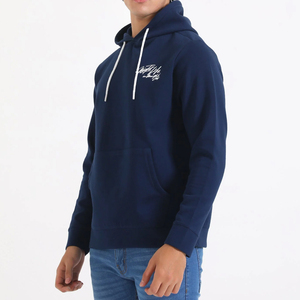 <b>Men's</b> <b>Navy</b> Blue Hooded <b>Fleece</b> Sweatshirt Front Pocket White Logo Print Casual Wear Regular Fit Winter Style Custom Printed - Product Image 4