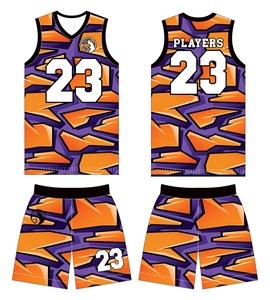 Ensemble d'uniformes de basketball personnalisés, imprimé géométrique orange et violet, sublimé, séchage rapide, maillot et short unisexe pour adultes - Product Image 1
