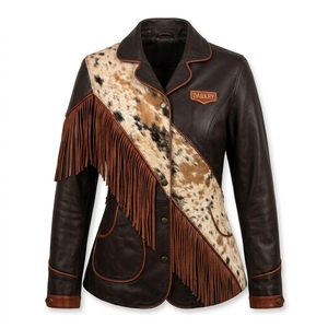 Piping Edge Notch Lapel Womens Genuine Leather <b>Jacket</b> Natural Cowhide Fur Heavy <b>Fringe</b> Diagonal Striped Blazer - Product Image 1