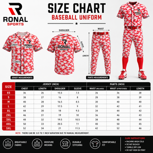 ชุดเบสบอลลายพรางสีแดงขาวสำหรับผู้ชาย RONAL SPORTS เสื้อแขนสั้นพร้อมกางเกง ชุดกีฬาซับเหงื่อ พิมพ์ลายแบบ Sublimated - Product Image 6