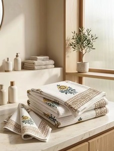 Handmade Reversible <b>Waffle</b> Cotton Towel Set Hand <b>Block</b> Printed 1 Bath 2 Hand Towels Wholesale Export - Product Image 1