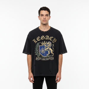 Camiseta Legacy con Bordado de Escudo para Hombre, Corte Holgado, Manga Corta, Negra, Estilo Urbano, Cuello Redondo, Jersey de Algodón - Product Image 2