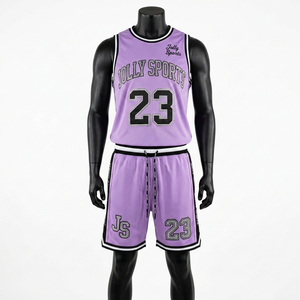 Ensemble court en maille polyester respirante de qualité supérieure, rayures violettes, col rond, shorts avec empiècements latéraux, logo personnalisé, pour homme - Product Image 5