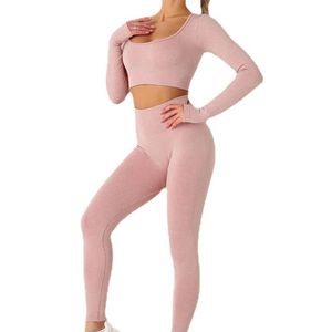 Stretchy Set Yoga Outfit Long Sleeve Crop Top High Waist <b>Seamless</b> <b>Leggings</b> Bright Pink Long Sleeve Set - Product Image 4