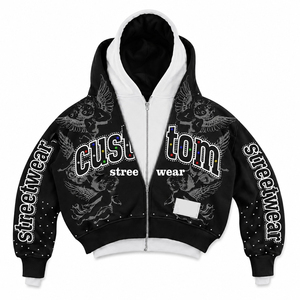 Custom Double Layered Zip Up Hoodie Men Rhinestone Graphic Heavyweight Cotton Vintage Y2K Angel Oversized <b>Punk</b> Streetwear <b>Jacket</b> - Product Image 1