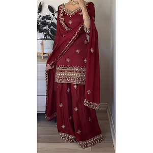 Beautiful Designer Indian Clothing Collection of Natural Crepe <b>Material</b> with 5mm Sequence Embroidery Work Sharara Suit for Sale - Product Image 1