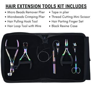Kit d'outils professionnels pour extensions capillaires en acier inoxydable : Pince à bandes, Outil à boucles, Ciseaux, Outil à fil, Outil à crochets, Outil à doigts pour séparation, Étui en Rexine - Product Image 2