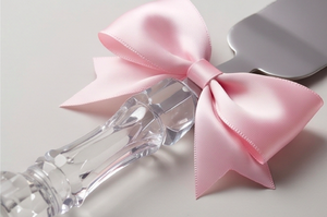 Juego de cuchillos para pastel con mango de cristal y decoraciones de lazo rosa, diseño moderno para bodas, celebraciones, vajilla, fiestas y eventos. - Product Image 2