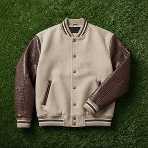 <b>Men</b> Cream Wool <b>Leather</b> Sleeve Bomber <b>Jacket</b> <b>Brown</b> Crocodile Texture Custom Embroidered Premium Streetwear - Product Image 4
