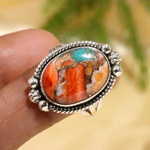 Spiny Oyster Copper Turquoise <b>Boho</b> <b>Ring</b> Handmade Fine Gemstone Jewelry for Women for Anniversary Wedding or Party Gifts - Product Image 1