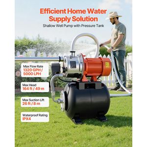 Pompe à jet pour puits peu profond en acier inoxydable de 1,6 HP avec réservoir sous pression de 5 gallons, 120 V, 1320 GPH, pompe d'irrigation automatique - Product Image 2