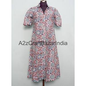 Vestido Midi de Mujer, Ecológico, 100% Algodón, Tejido, Estampado Floral, Corte en A, Cuello en V, Mangas Cortas, Bolsillos, Decoración con Botones - Product Image 3