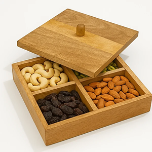 Boîte de rangement en bois à 4 compartiments de qualité alimentaire pour collations, noix, épices, avec cuillère, durable, pour cuisine, rangement de masala, compatible four, pour la maison - Product Image 4