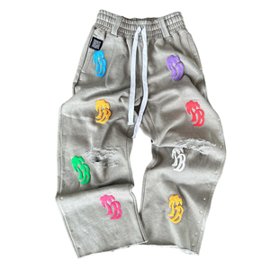 Pantalones Unisex de Moda Urbana para Hombre, Diseño Personalizado 2026, con Estampado Puff, Lavado Ácido, Vintage y Pedrería - Product Image 1