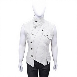 Chaleco Corto Asimétrico de Cuero Genuino Blanco, Cortavientos, con Cuello Alto |   Chaleco estilo motero de doble botonadura - Product Image 1