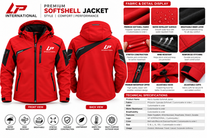 Veste Softshell Décontractée d'Hiver pour Homme Rouge Imperméable Écologique Respirante Coupe-Vent Personnalisée avec Accents Noirs pour Randonnée OEM - Product Image 5