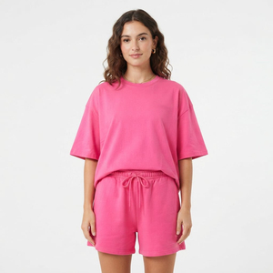 2026 New Design Summer Collection Solid Casual <b>Twin</b> <b>Set</b> 2 Piece Knee Length Street Wear Half Sleeve Short Fabric For Women - Product Image 4