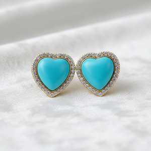 ต่างหูเงินแท้ 925 ชุบทอง 14K ประดับด้วยเทอร์ควอยซ์ธรรมชาติทรงหัวใจ ดีไซน์เรียบหรู เหมาะสำหรับเจ้าสาว เป็นของขวัญ - Product Image 2