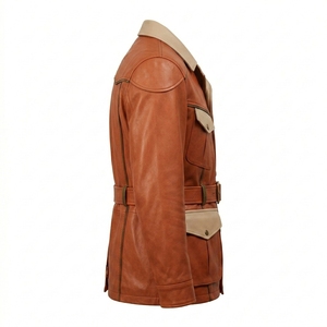 Men Vintage Cognac <b>Safari</b> Field <b>Jacket</b> Orange Real Leather Belted Coat Beige Contrast Custom Bulk Manufacturer Factory Apparel - Product Image 3