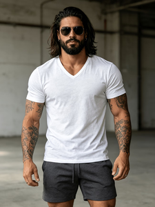 Men's Fashionable Sporty Solid Blank Pure Cotton V-Neck Short Sleeve Breathable Soft Spring/Summer Outerwear Trendy Versatile - Product Image 6