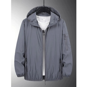 Chaqueta Cortavientos Casual para Hombre, Color Sólido, Capucha Desmontable, Cierre Completo, Ligera, Estilo Vintage, Softshell, Verano - Product Image 6