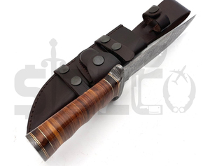 Couteau de chasse Bowie en acier Damas fait main sur mesure OEM, lame fixe avec manche en cuir, couteau de camping et d'extérieur EDC avec étui en cuir - Product Image 5