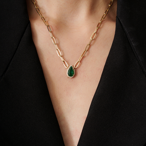 Luxurious Most Trending Handcrafted Pear Shape <b>Emerald</b> & Diamond Cluster <b>Pendant</b> Necklace Stacked Jewelry 14K Yellow Gold - Product Image 2