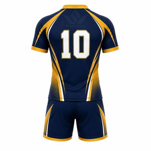 Ensemble de maillot de rugby personnalisé bleu marine et jaune pour hommes, manches courtes, col en V, polyester respirant sublimé, uniforme sportif d'équipe pour adultes - Product Image 2