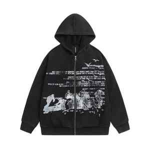 Sweat à capuche pour homme 100% coton, coupe ample, effet délavé, avec fermeture éclair, motif Street Love imprimé et broderie 3D, hiver - Product Image 1