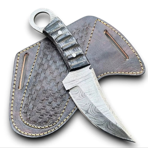 Cuchillo de acero de Damasco de espiga completa con punta de clip biselada, de alta calidad, extra afilado, con orificio para el dedo, DIY, OEM, para desollar, para camping, con agarre firme, Pakka - Product Image 1