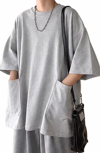 เสื้อยืดแขนสั้นผู้ชาย ผ้าฝ้าย 100% ทรงหลวม ดีไซน์เรียบง่าย มีกระเป๋าคู่ ไหล่หลวม สไตล์ลำลอง - Product Image 6