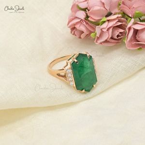 Bague de cocktail de luxe en émeraude zambienne et diamants, or rose massif 14 carats, 9,93 carats au total, sertie à griffes, livraison rapide, bague de fiançailles - Product Image 2