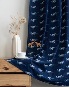 ผ้าม่านลายดอกไม้สีน้ำเงินพิมพ์ลายนก ผ้าฝ้าย 100% แบบรูร้อยราง สำหรับหน้าต่างสกายไลท์ ชุดผ้าม่านกันแสงเต็มรูปแบบ - Product Image 3