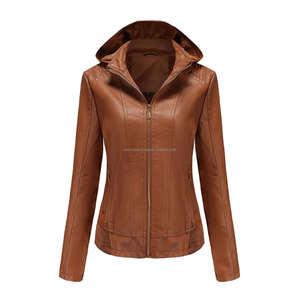 Elegantes chaquetas de cuero marrón con capucha para mujer con bolsillos con cremallera y forro Sherpa acogedor para comodidad y estilo de invierno - Product Image 1