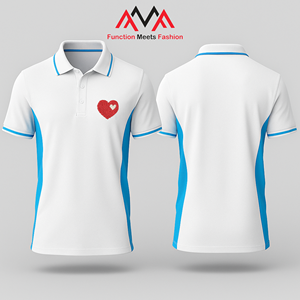 เสื้อเชิ้ตผู้ชาย FMF สีขาว แต่งขอบสีฟ้า ผ้าโพลีเอสเตอร์ถักเนื้อเย็น แขนสั้น ติดกระดุมด้านหน้า มีโลโก้ น้ำหนัก 200 กรัม - Product Image 1