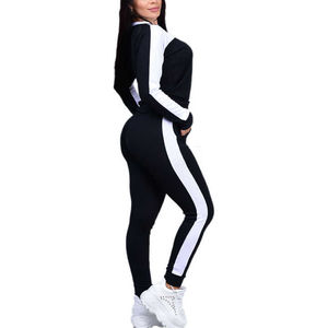 Ensemble de survêtement pour femmes, noir et blanc, blocs de couleur, manches longues, col rond, pantalon de jogging avec poches latérales, style sportif d'automne - Product Image 5