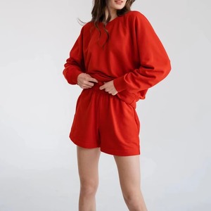 2026 Women's <b>Red</b> 2 Piece Sweatshirt Set O Neck Long Sleeve Loose Fit Casual Solid Color Knitted Shorts <b>Suit</b> Spring Summer Wear - Product Image 6