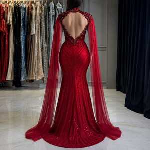 Robe de soirée sirène de luxe rouge en cristal pour femme, robe de bal de créateur à sequins, manches courtes, décolleté cœur, longueur ras du sol - Product Image 3