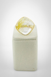 Natural Golden Rutilated Quartz Cabochon <b>Ring</b> in Solid 18K Yellow Gold High <b>Dome</b> Oval Solitaire Gemstone <b>Ring</b> - Product Image 1