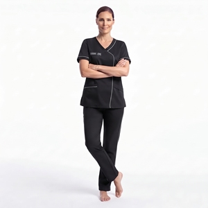 Uniforme Médico para Mujer, Cuello en V, Manga Corta, Poliéster y Spandex, Ribete en Contraste, Bolsillos Delanteros, Logotipo Personalizado, Ropa de Trabajo para el Sector Salud - Product Image 5