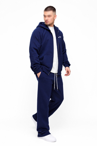 Survêtement Classique Homme Bleu Marine Zippé Intégral Deux Pièces avec Capuche Coupe Droite Décontractée Mélange Coton Logo Frontal Personnalisable - Product Image 2